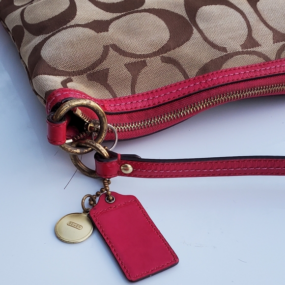 Coach Hot Pink Leather & Tan Classic Logo Canvas Bag/Purse - Picture 6 of 10